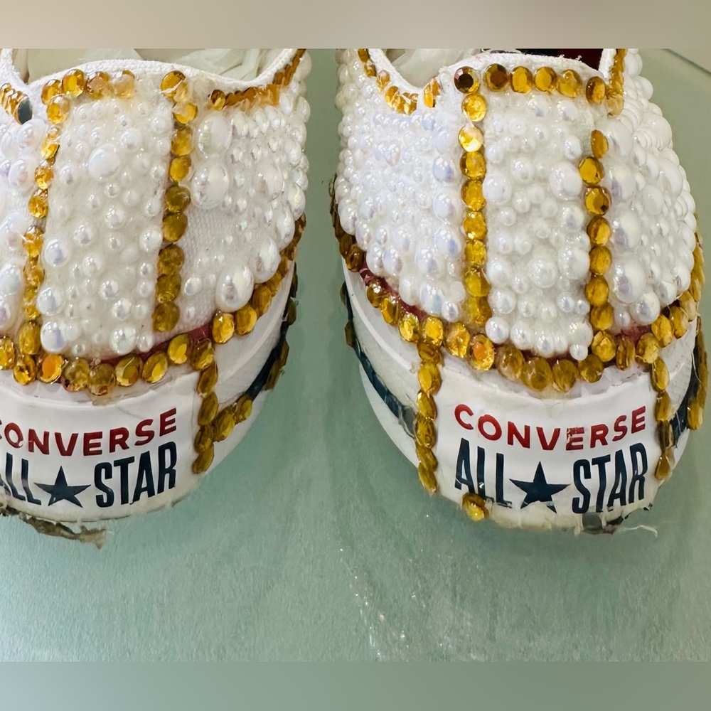 Converse CT All Star Ox Customized‎ Size 8 Pearl Sneakers Ribbon Laces Youth - Picture 5 of 10